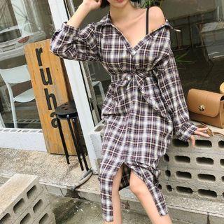 Self-tie Plaid Long Shirtdress