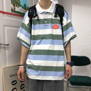Elbow-sleeve Color-block Stripe Oversized Polo Shirt