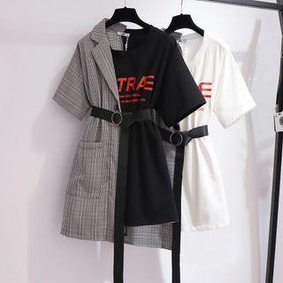 Short Sleeve Lettering Asymmetrical Plaid Panel Mock Two Piece Dress