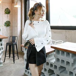 Set: Bell-sleeve Knit Top + Contrast Stitching Skort