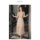 Set: Elbow-sleeve Midi A-line Lace Dress + Slipdress