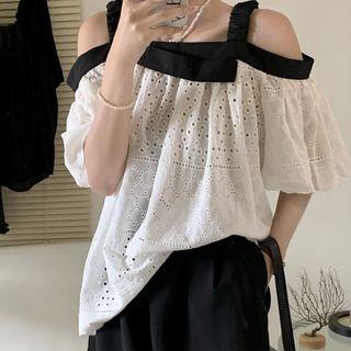 Short-sleeve Cold Shoulder Eyelet Lace Blouse Off-white - One Size