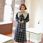 Wide Lace-collar Long Plaid Dress Black - One Size