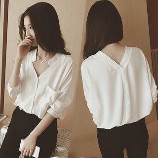 Dolman-sleeve Elbow-sleeved V-neck Plain Blouse