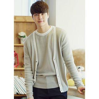 Set: Contrast-piping Cardigan + Knit Top