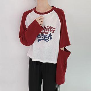 Lettering Cut-out Long-sleeve Raglan T-shirt