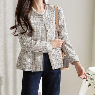 Metallic-button Patch-pocket Tweed Jacket