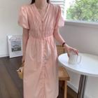 Puff-sleeve Single Breasted Shirred Dress Pink - One Size