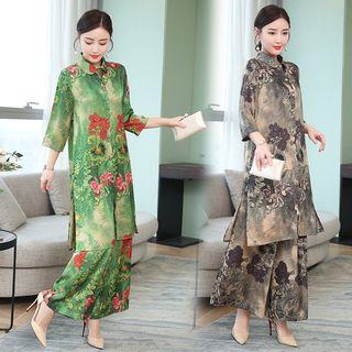 Set: 3/4-sleeve Printed Long Shirt + Wide-leg Pants