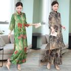 Set: 3/4-sleeve Printed Long Shirt + Wide-leg Pants