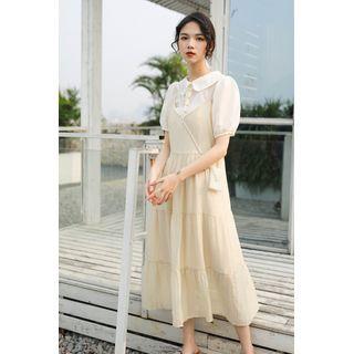 Spaghetti Strap Midi A-line Dress / Short-sleeve Blouse