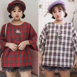 Embroidered Plaid Bell-sleeve Blouse