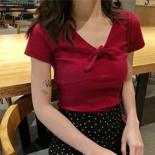 Short-sleeve Bow Ribbed T-shirt / Dotted A-line Skirt
