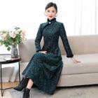 Long-sleeve Fluffy Trim Maxi A-line Qipao Dress