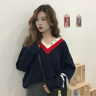 Color-block V Neck Knit Sweater