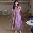 Puff Sleeve Plaid Tiered Maxi Dress Pink - One Size