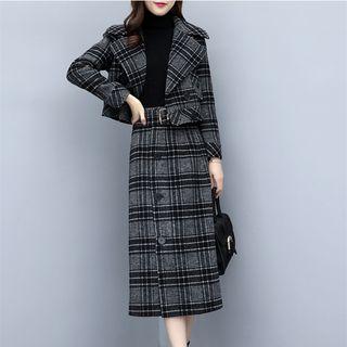Set: Plaid Cropped Button Coat + Midi A-line Skirt