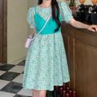 Set : Puff-sleeve Floral Dress + Cropped Suspender Top