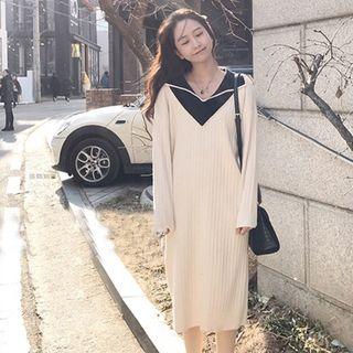 Long-sleeve Two-tone Midi Collared Knit Dress