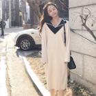 Long-sleeve Two-tone Midi Collared Knit Dress