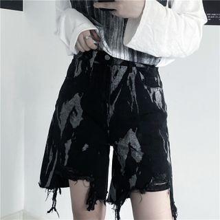 Distressed Splatter Print Wide Leg Denim Shorts