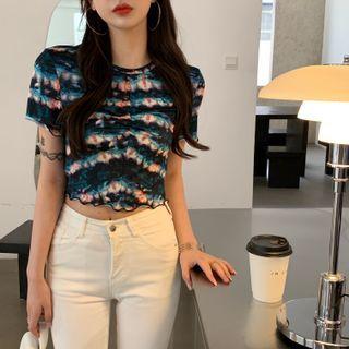 Short-sleeve Tie-dyed Lace Trim T-shirt Blue & Pink - One Size