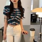 Short-sleeve Tie-dyed Lace Trim T-shirt Blue & Pink - One Size