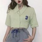 Elbow-sleeve Embroidered Number Cropped Shirt