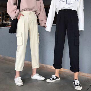 Plain Straight-cut Cropped Cargo Pants