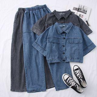 Set: Short-sleeve Denim Crop Jacket + High-waist Wide Jeans