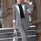 Houndstooth Blazer / Boot Cut Dress Pants / Fitted Skirt / 3/4-sleeve Blouse / Set