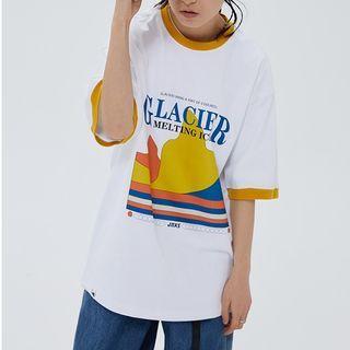 Short Sleeve Contrast Trim Print Couple Matching Tee