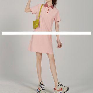 Short-sleeve Polo Neck Mini A-line Dress Pink - One Size