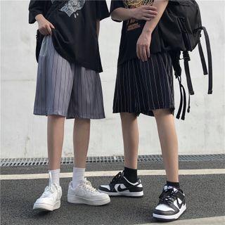 Couple Matching Elastic-waist Stripe Straight Leg Shorts