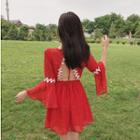 Open Back Bell-sleeve Chiffon A-line Dress Red - One Size