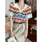 Short-sleeve Perforated Knit Top Orange & Blue & Red - One Size