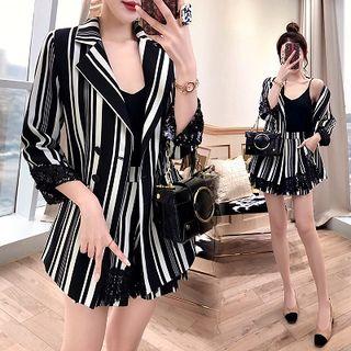 Set: Sequined Cuff Striped Blazer + Striped Shorts