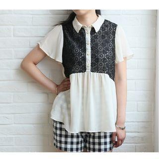 Short-sleeve Lace Panel Chiffon Shirt