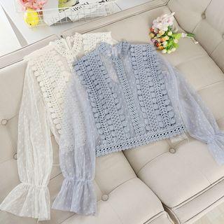 Set: Bell-sleeve Lace Crochet Top + Camisole