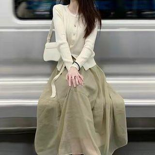 Front-slit Cardigan / Midi A-line Skirt / Set