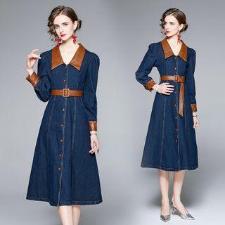 Long-sleeve Faux Leather Panel Denim Midi Shirt Dress