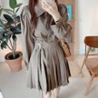 Long-sleeve Belted Mini A-line Pleated Dress