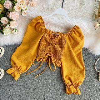 Smocked Off-shoulder Drawstring Blouse