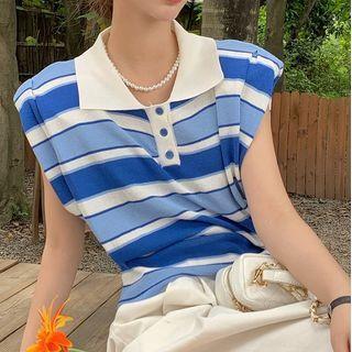 Sleeveless Padded-shoulder Striped Polo Shirt
