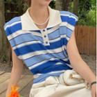 Sleeveless Padded-shoulder Striped Polo Shirt