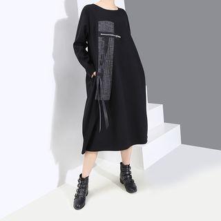 Striped Panel Long-sleeve Midi T-shirt Dress