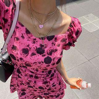Off-shoulder Slit-back Floral Minidress Pink - One Size