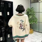 Toggle-button Embroidered Boxy Knit Cardigan