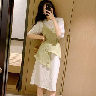 Set: Crew-neck Short-sleeve Midi T-shirt Dress + V-neck Camisole Top