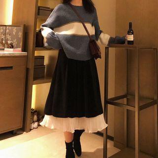 Set: Color Block Sweater + Midi A-line Velvet Skirt